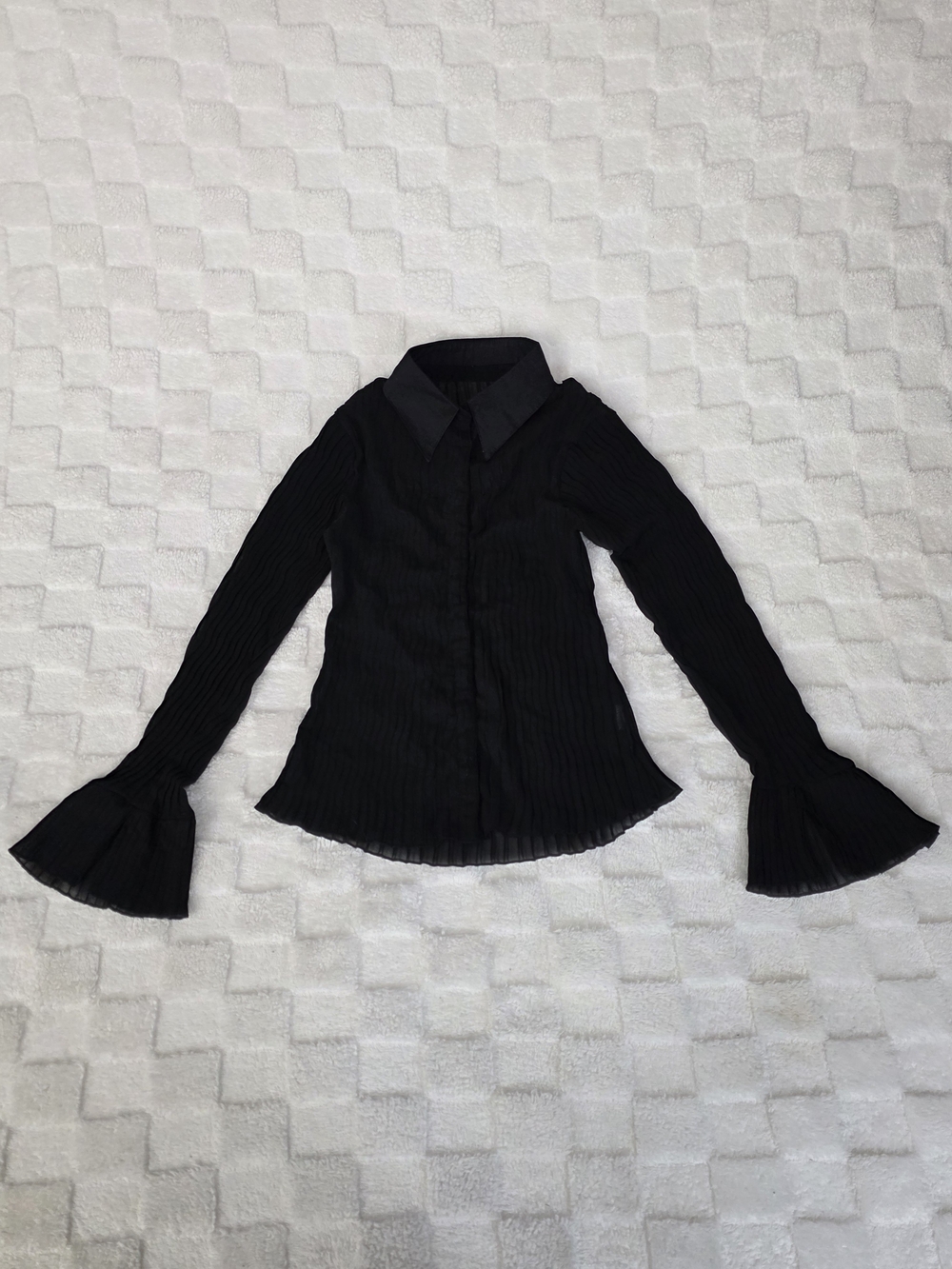 Sheer Pleated Button Up With Bell Sleeves Black Size Medium NWOT